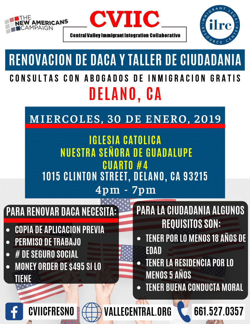 Taller de Ciudadania y Renovacion de DACA en Delano: Miercoles, 30 de Enero 2019