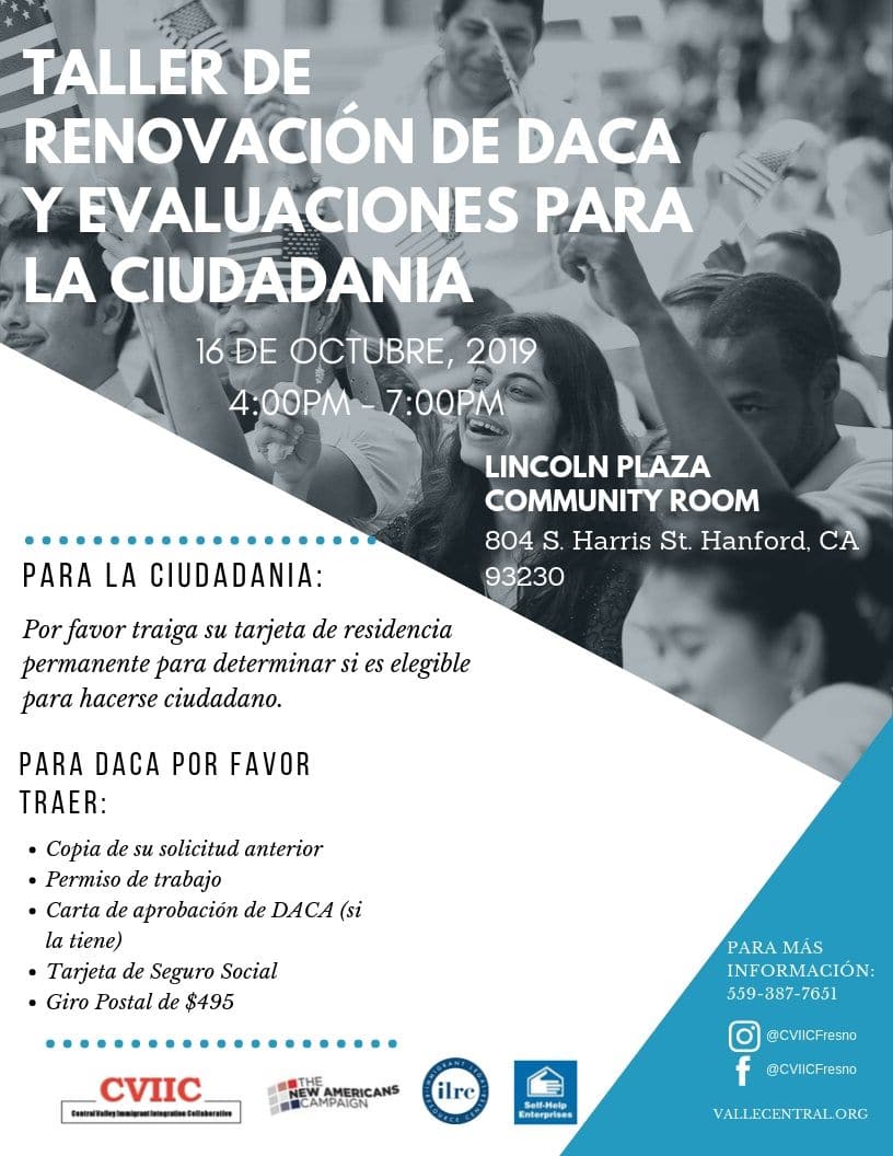Taller de Ciudadanía y Renovación de DACA en Hanford 16 Octubre 2019