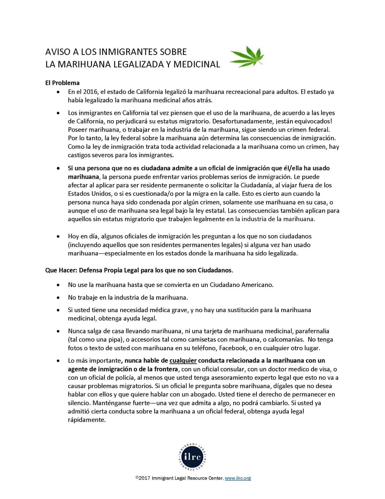 Inmigrantes y la Marihuana ILRC Guia Informativa