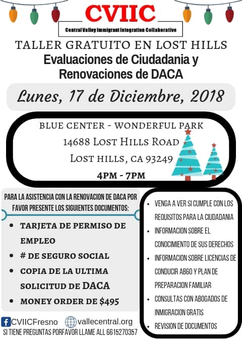 Taller de Ciudadanía y Renovación de DACA en Lost Hills 17 de Diciembre 2018