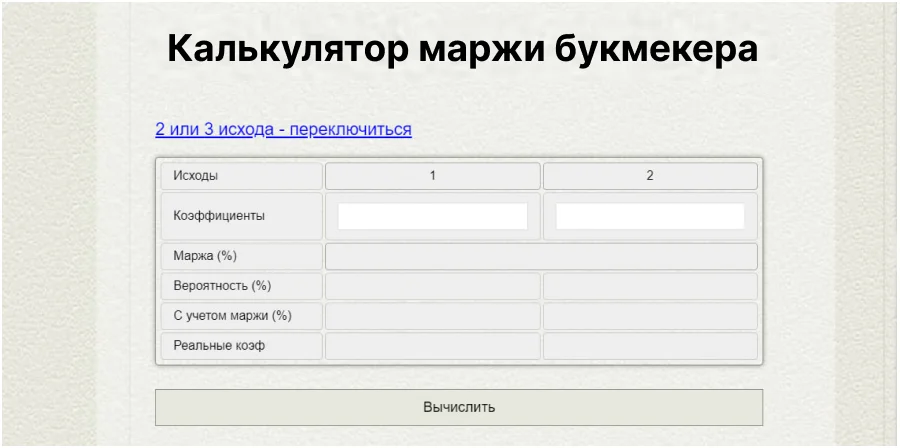 Калькулятор маржи букмекера
