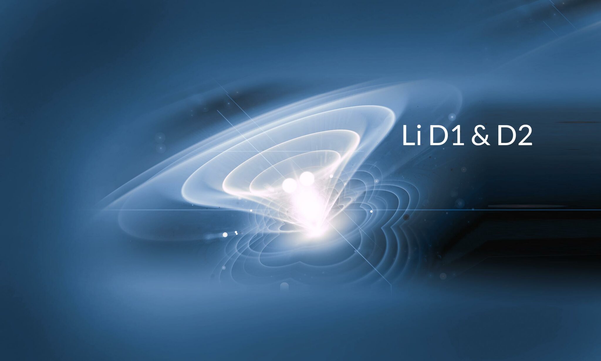 Abstract digital illustration with swirling white light patterns on a blue background, featuring the text "Li D1 & D2" on the right side—an artistic nod to spectroscopy and the distinctive Li D1 & D2 line.