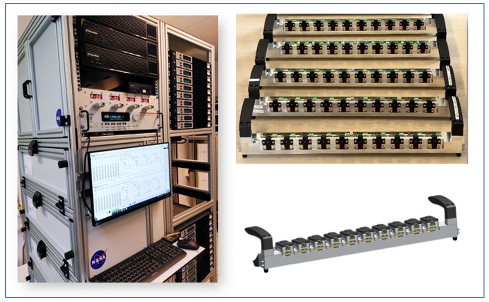 Three images show: a server rack with a monitor and ESA/NASA logo, four stacked circuit boards, and a single circuit board used in the LISA Mission with multiple connectors.