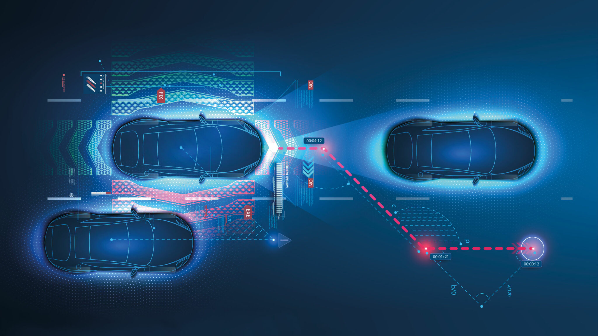 Illustration of three cars, with sensors and digital patterns, showing collision avoidance and path planning by an autonomous vehicle.
