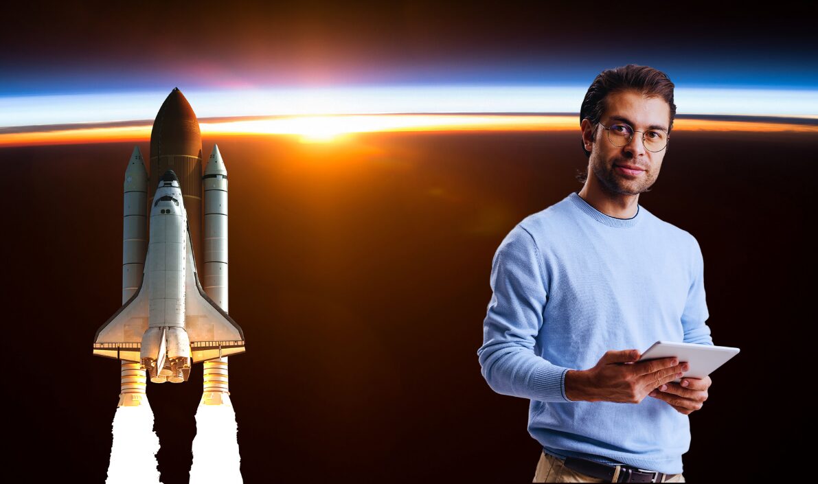 A sales consultant holding a tablet stands in the foreground, with a space shuttle launching beside him against the backdrop of a sunrise over Earth.