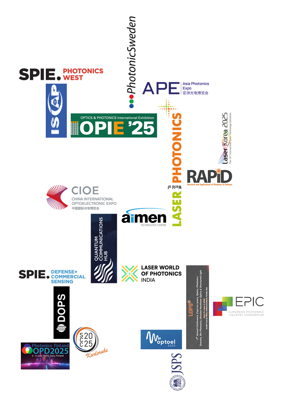 Logos of various photonics and optics organizations and events, including SPIE Photonics West, OPIE 25, Laser India, RAPID, and more, arranged in a collage format.