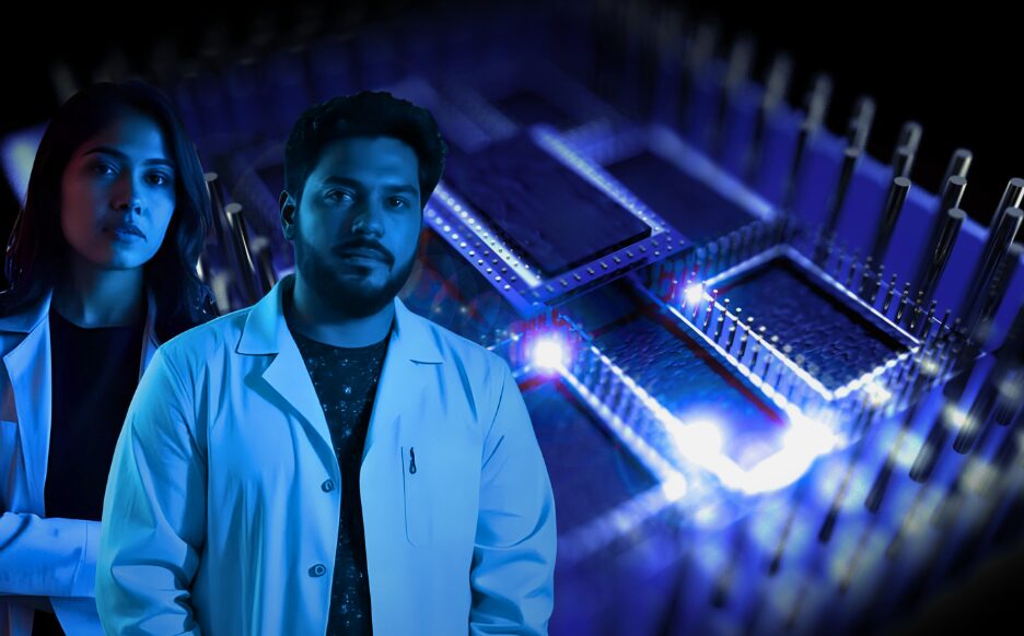 Two Halbleiterspezialisten in Laborkitteln stehen vor einem großen, beleuchteten Mikrochip oder Quantencomputer, inszeniert mit blauen und violetten Lichteffekten.