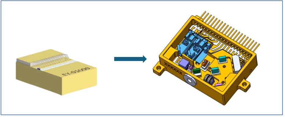 A small rectangular electronic chip is shown on the left, with an arrow pointing to a detailed, open electronic module with visible internal components on the right—technology developed for the ESA LISA Mission.