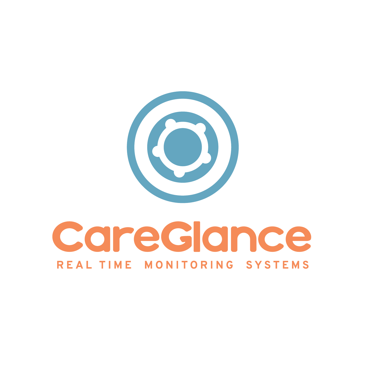 CareGlance logo with a circular icon above the brand name in orange text and the tagline “REAL TIME MONITORING SYSTEMS” in uppercase letters below.