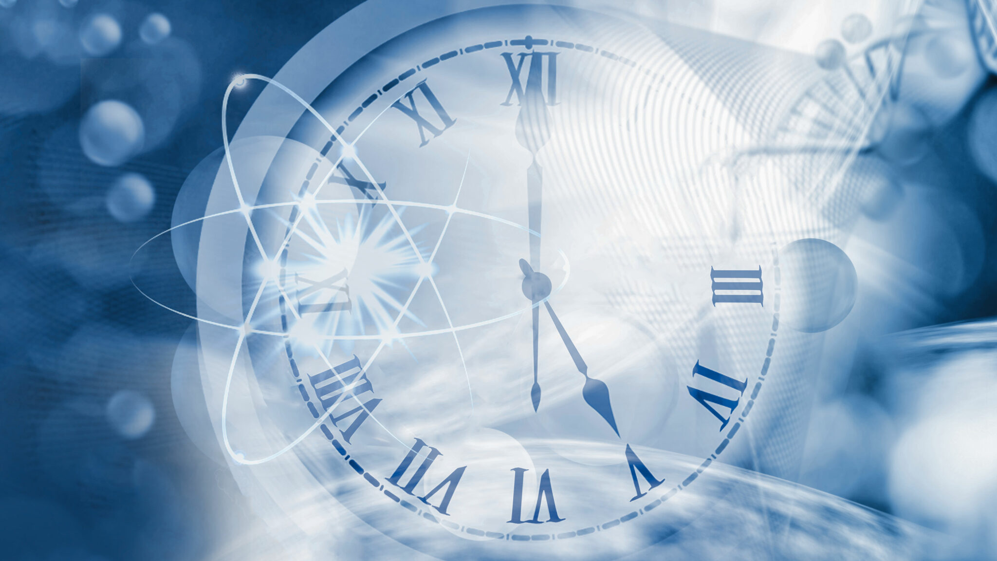 A translucent clock with Roman numerals overlays abstract scientific elements, including atomic symbols and soft blue light effects.