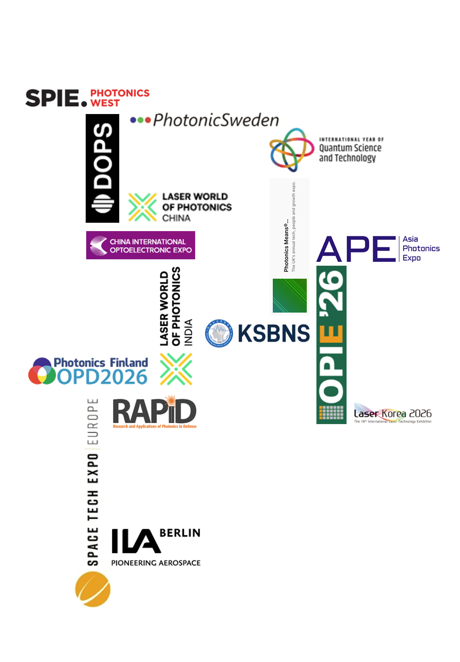 A collage of various logos and names of international photonics, optics, and technology conferences and organizations on a white background.
