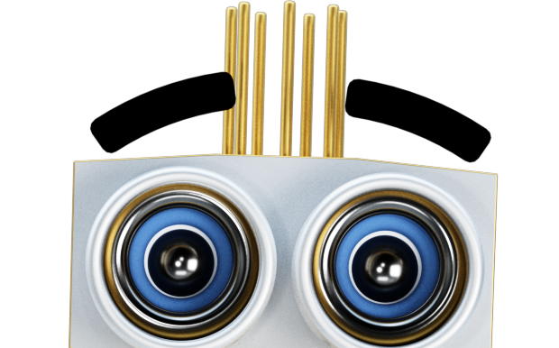 Close-up of a robotic face with two large camera lens-like eyes and several vertical gold rods on top against a black background.