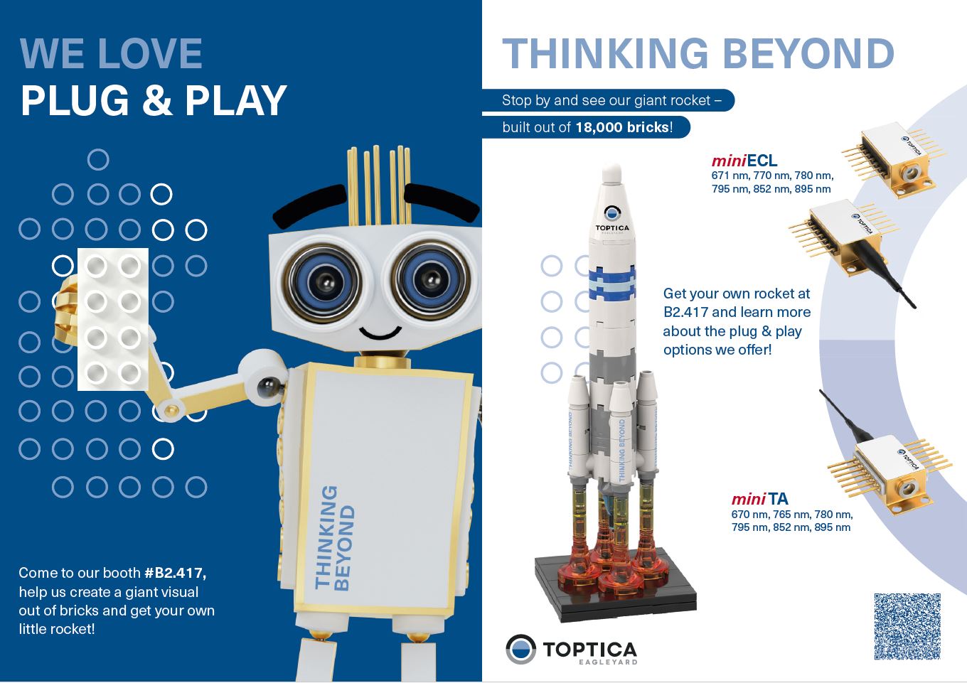 A promotional display features a robot built from bricks on the left and a model rocket with laser components on the right, advertising TOPTICA's plug and play optics at a trade booth.