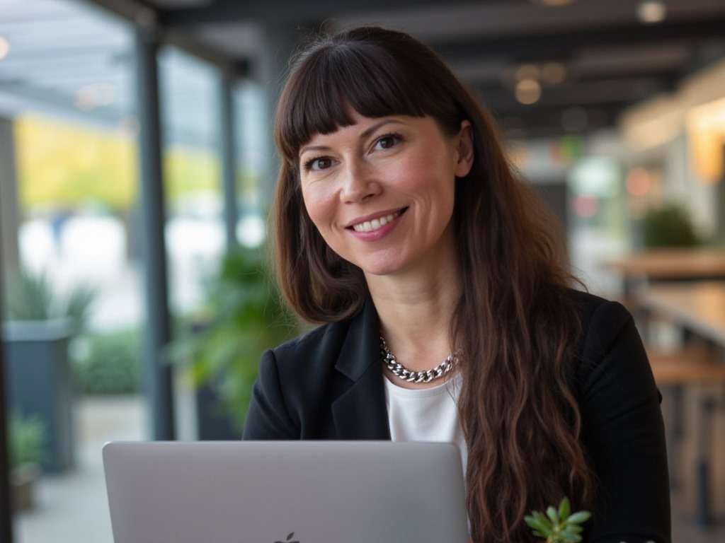 En kvinna med långt brunt hår och lugg, klädd i svart kavaj och silverhalsband, ler medan hon sitter vid ett bord med en öppen laptop i en modern, ljus inomhuslokal med stora fönster. winwinweb