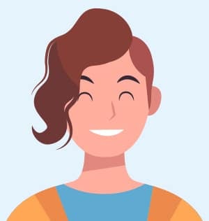 Illustration av en person med kort hår på ena sidan och längre lockigt hår på den andra, leende. De har en orange och gul topp över en blå skjorta.