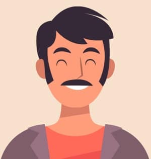 Illustration av en leende man med slutna ögon, klädd i en röd skjorta och en brun jacka. Han har mörkt hår, polisonger och mustasch.