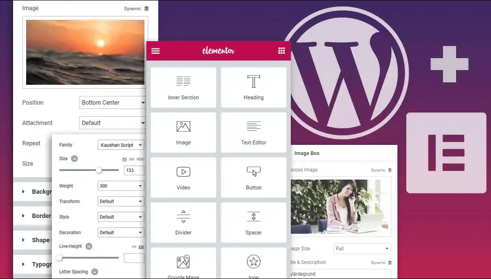Skärmdump av ett webbdesigngränssnitt som visar Elementor-verktyg, WordPress-logotyp och olika anpassningsalternativ för bilder och text, perfekt för att skapa en dynamisk portfölj.