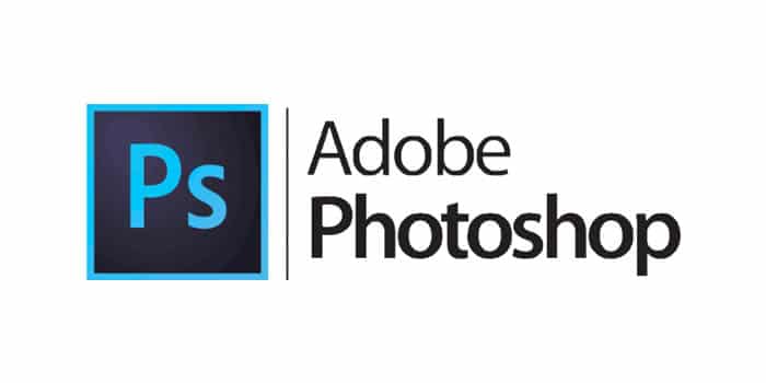 Adobe Photoshop-logotypen med en blå "Ps"-ikon bredvid texten "Adobe Photoshop" i svart typsnitt.