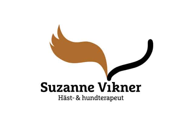 En logotyp med brun hästsvans och svarta hundsvansformer med texten "Suzanne Vikner Häst- & hundterapeut" fångar på ett elegant sätt essensen av djurterapi. Denna design är en framstående del i Suzannes anmärkningsvärda portfölj, som visar upp hennes unika terapeutiska tillvägagångssätt.