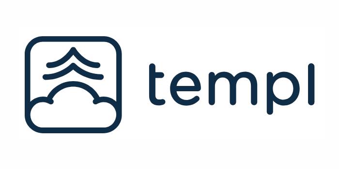 Logotyp med en stiliserad tempelikon i en rundad fyrkant till vänster och ordet "templ" med små bokstäver till höger.