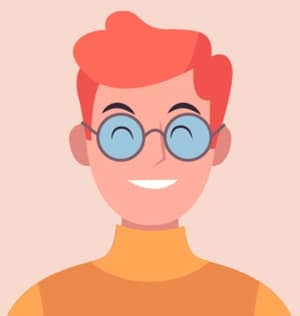 Illustration av en person med rött hår, klädd i blå glasögon och en gul topp, leende med slutna ögon.