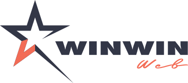 Logotyp med en stiliserad stjärna som innehåller orange segment, följt av texten "WINWIN Web" i svart och orange skrift, och erbjuder en kostnadsfri analys för din hemsida.